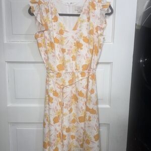LOFT Floral Ruffle Sleeve Midi Dress in Orange and Yellow